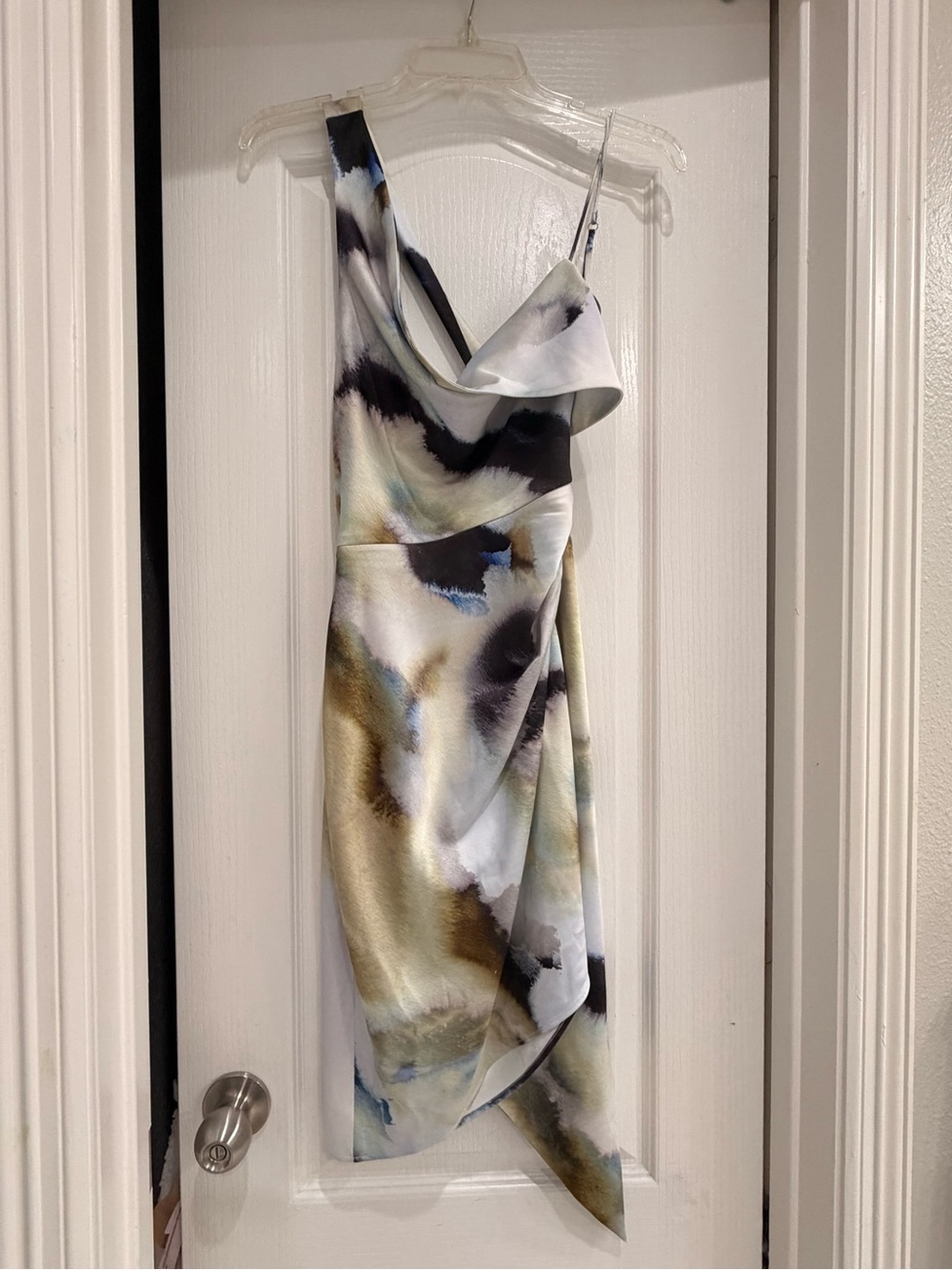 Lexi Sophie dress Watercolor Satin One-Shoulder Dress in Black, Blue & Cream